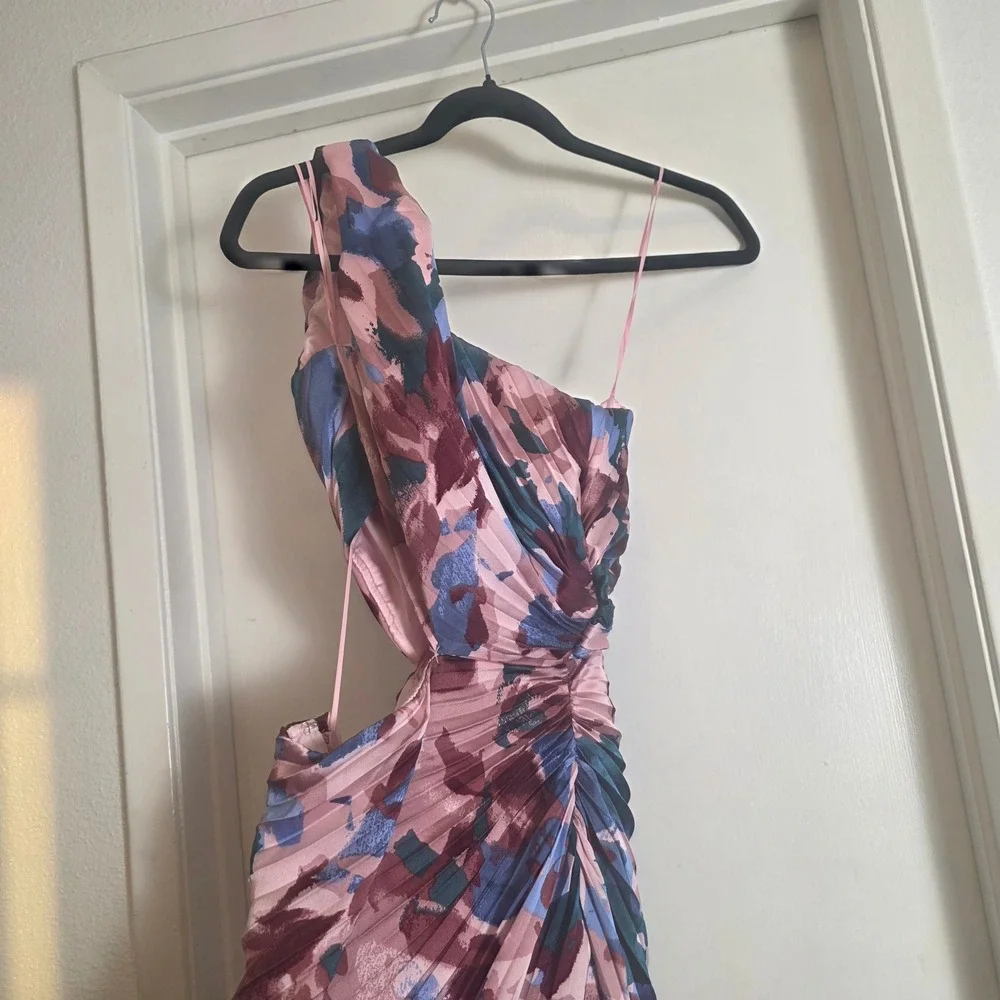Abercrombie & Fitch One Shoulder Pleated Maxi Dress Pink Floral Cutout Event XXS